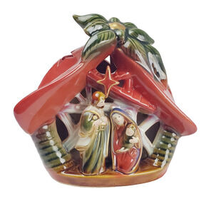 Ceramic Glazed Nativity Scene Adult's 7" Red Joseph Mary Baby Jesus Vintage